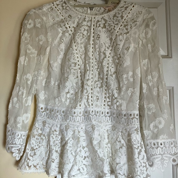 Rebecca Taylor Tops - Rebecca Taylor White Silk Lace Peplum Top